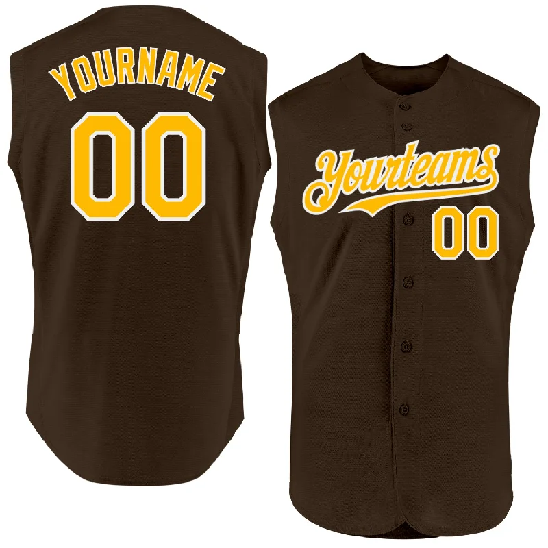 Personalized Baseball Jerseys For Event Marketing-Custom Brown Gold-White Authentic Sleeveless Baseball Jersey