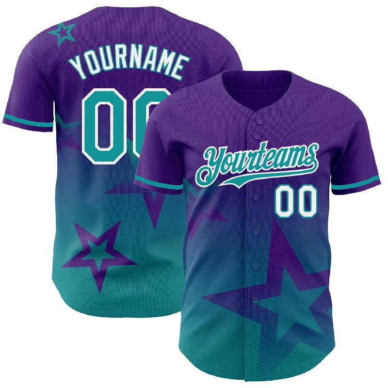 Personalized Baseball Jerseys For Special Matches-Custom Purple Teal-White 3D Pattern Design Gradient Style Twinkle Star Authentic Baseball Jersey