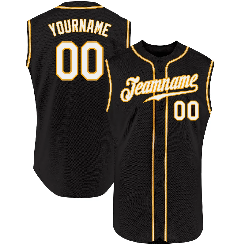 Baseball Jerseys For Family Events-Custom Black White-Gold Authentic Sleeveless Baseball Jersey