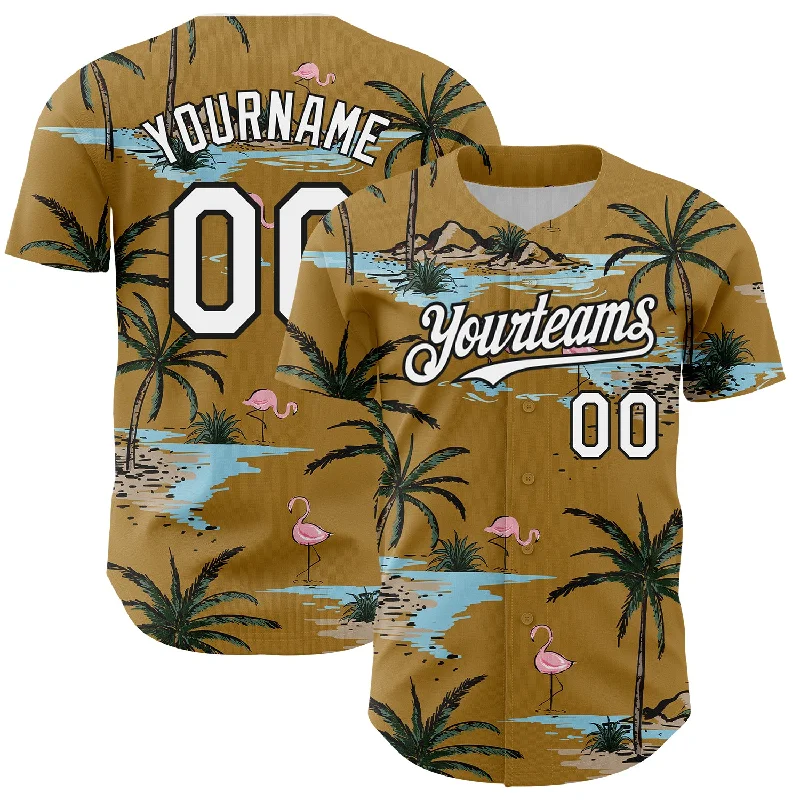 Baseball Jerseys With Custom Team Designs-Custom Old Gold White-Black 3D Pattern Design Tropical Hawaii Palm Trees Authentic Baseball Jersey