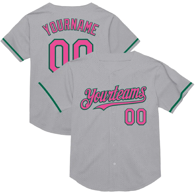 Custom Baseball Jerseys With Bold Graphics-Custom Gray Pink-Kelly Green Mesh Authentic Throwback Baseball Jersey