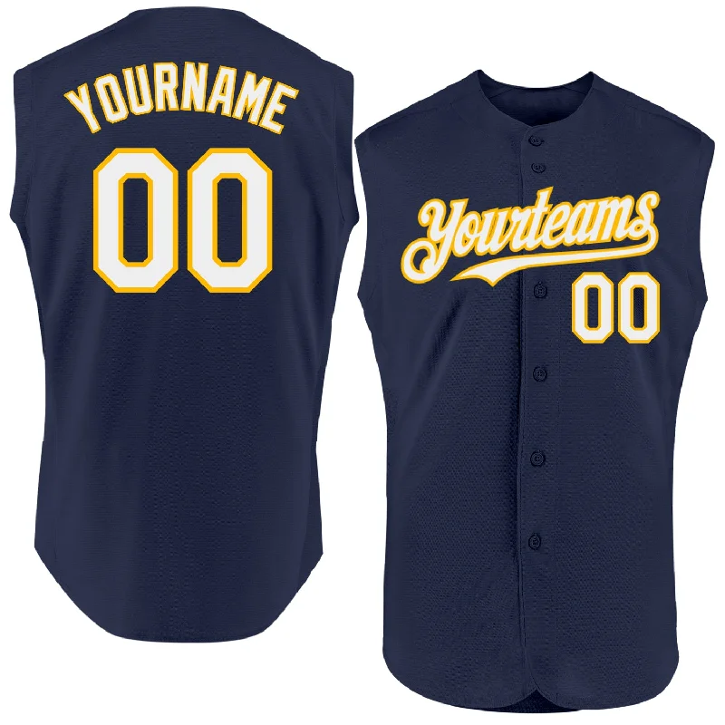 Baseball Jerseys For Corporate Team Activities-Custom Navy White-Gold Authentic Sleeveless Baseball Jersey