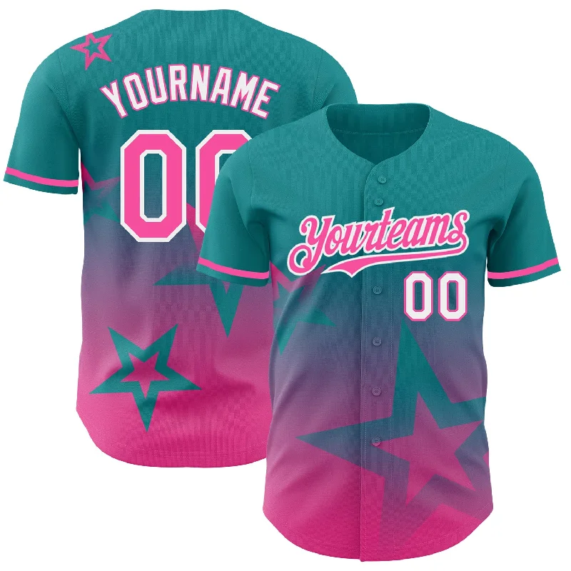 Custom Baseball Jerseys For Group Recognition-Custom Teal Pink-White 3D Pattern Design Gradient Style Twinkle Star Authentic Baseball Jersey