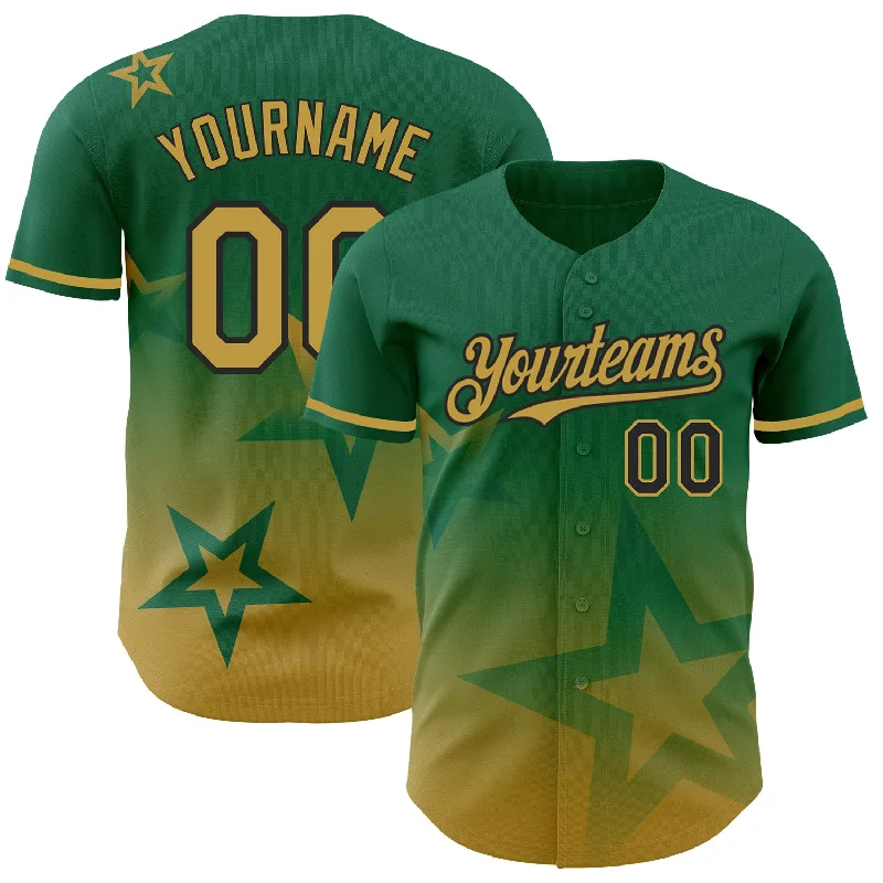 Baseball Jerseys For Professional Teams-Custom Kelly Green Old Gold-Black 3D Pattern Design Gradient Style Twinkle Star Authentic Baseball Jersey