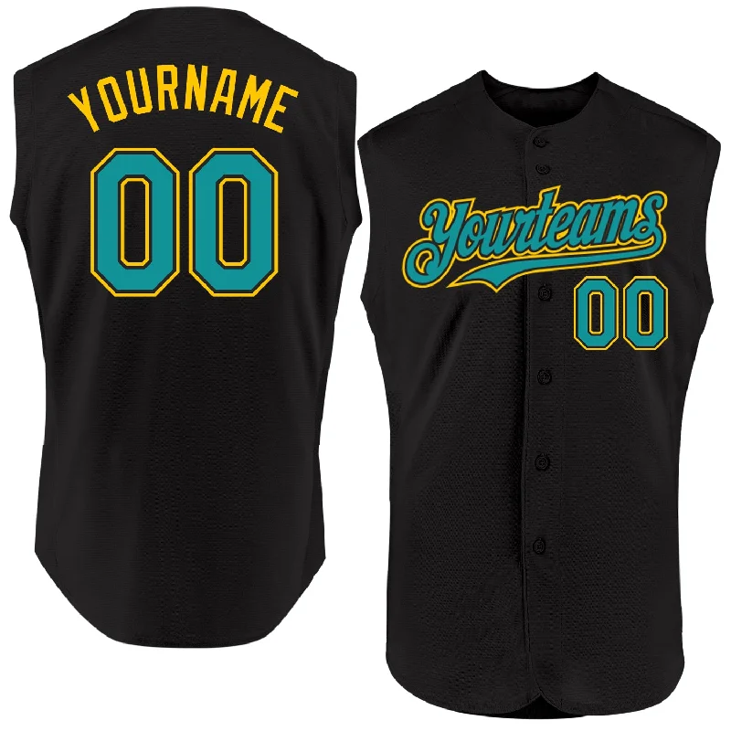 Personalized Baseball Jerseys For Players-Custom Black Teal-Yellow Authentic Sleeveless Baseball Jersey