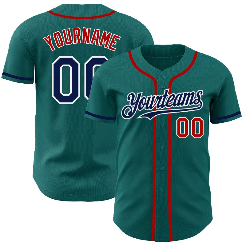 Custom Baseball Jerseys For Summer Leagues-Custom Teal Navy-Red Authentic Baseball Jersey