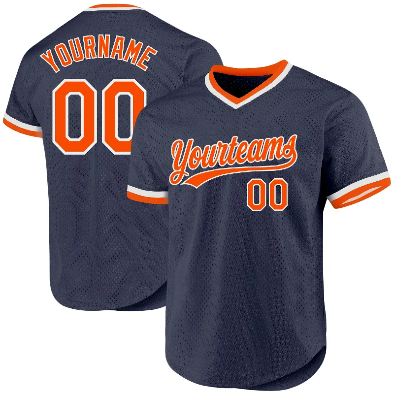 Personalized Baseball Jerseys For Players-Custom Navy Orange-White Authentic Throwback Baseball Jersey