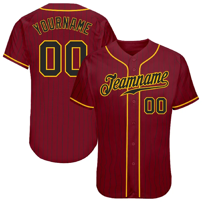 Custom Baseball Jerseys For Sports Conferences-Custom Crimson Black Pinstripe Black-Gold Authentic Baseball Jersey