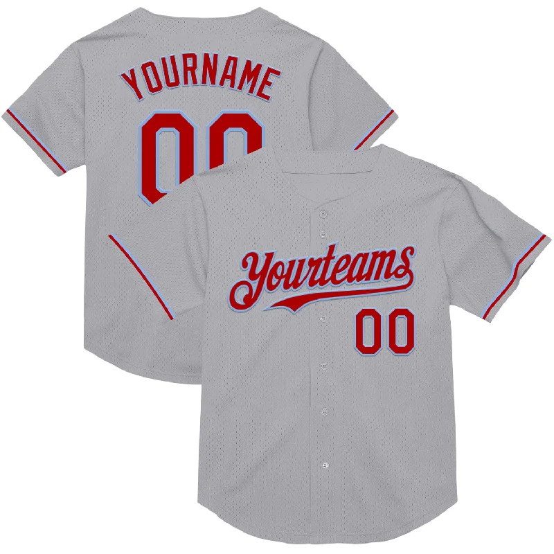 Custom Baseball Jerseys For Special Event Sponsorship-Custom Gray Red-Light Blue Mesh Authentic Throwback Baseball Jersey