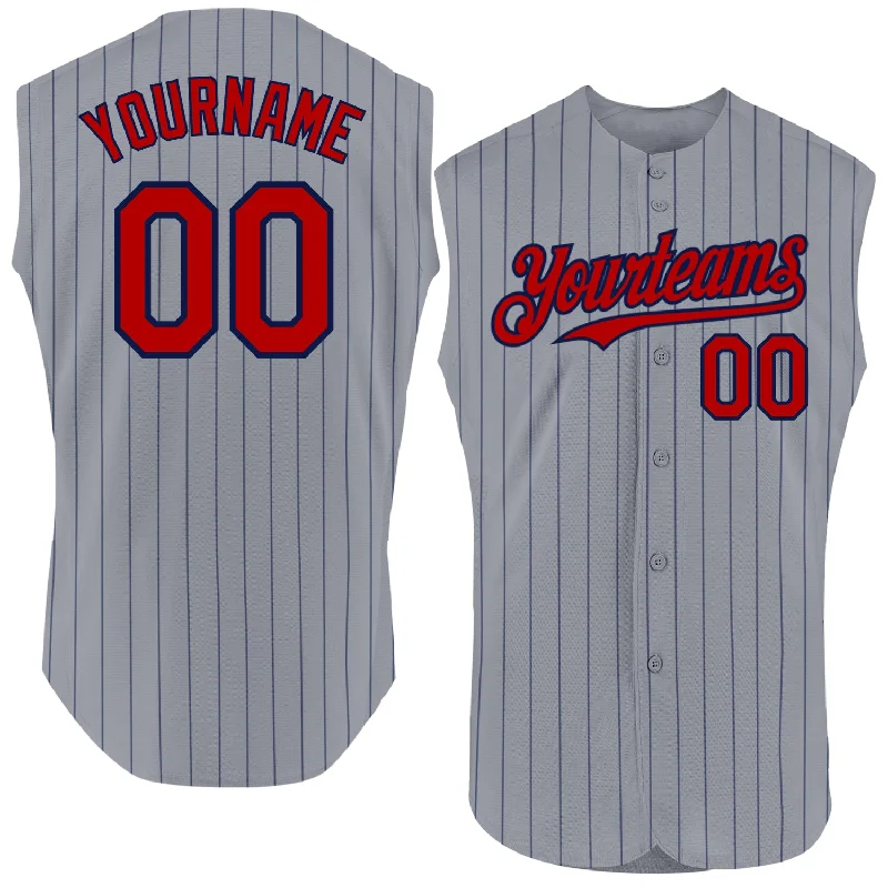 Custom Baseball Jerseys With Bold Graphics-Custom Gray Navy Pinstripe Red Authentic Sleeveless Baseball Jersey