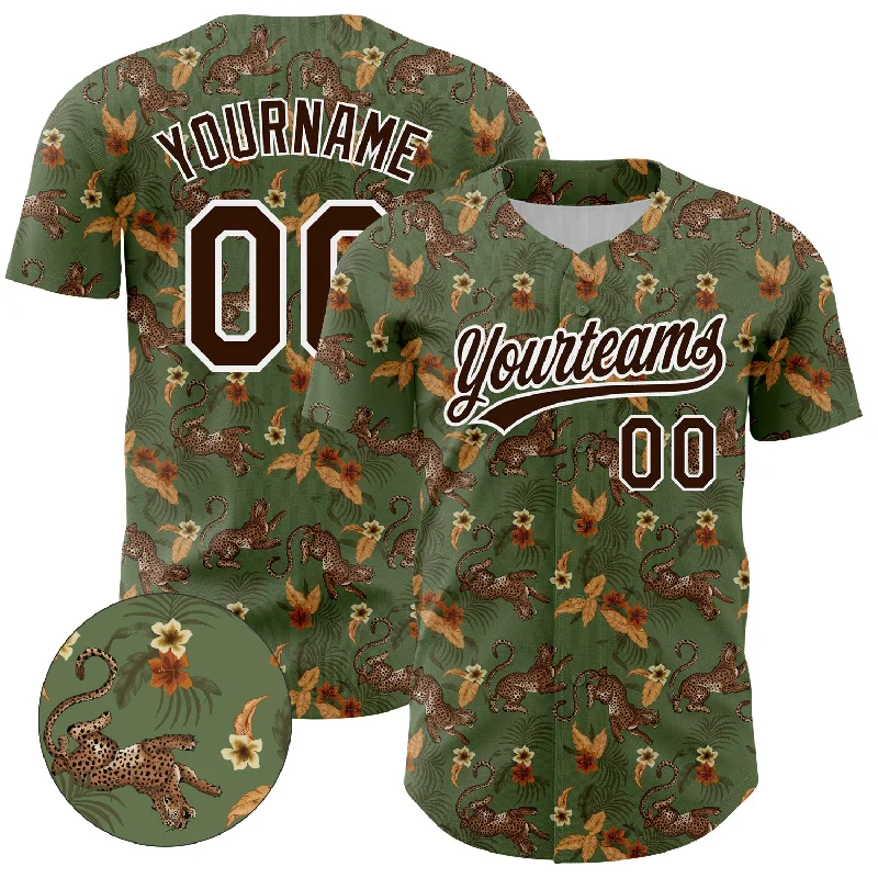 Baseball Jerseys With Custom Back Designs-Custom Green Brown-White 3D Pattern Design Animal Leopard And Hawaii Palm Leaves Authentic Baseball Jersey