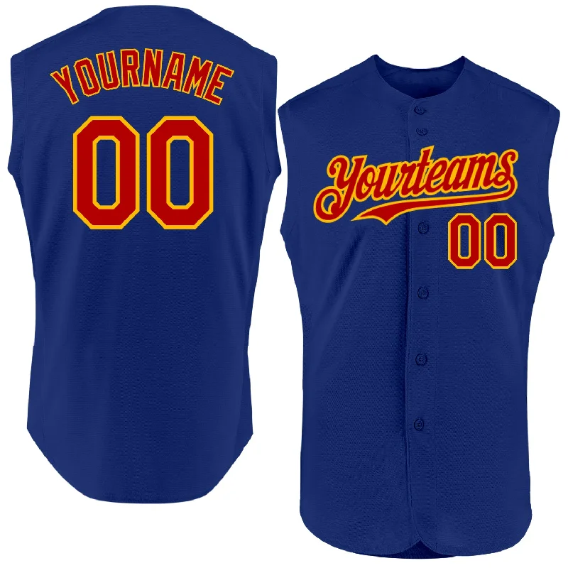 Baseball Jerseys With Custom Name Tags-Custom Royal Red-Gold Authentic Sleeveless Baseball Jersey