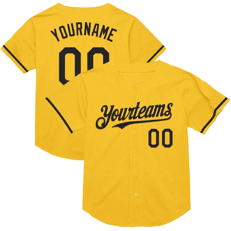 Custom Baseball Jerseys For Sports Conferences-Custom Gold Black Mesh Authentic Throwback Baseball Jersey