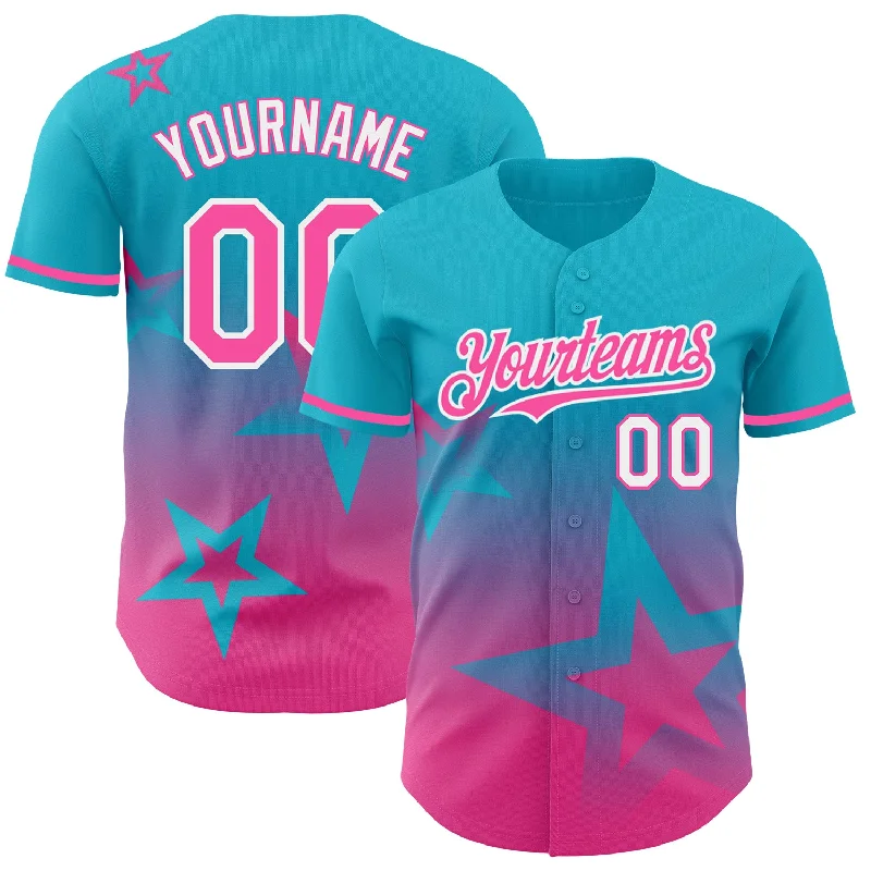 Personalized Baseball Jerseys For Tournaments-Custom Lakes Blue Pink-White 3D Pattern Design Gradient Style Twinkle Star Authentic Baseball Jersey