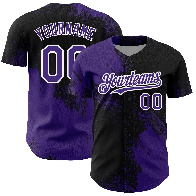 Custom Baseball Jerseys With Team Logos-Custom Purple Black-White 3D Pattern Design Abstract Brush Stroke Authentic Baseball Jersey