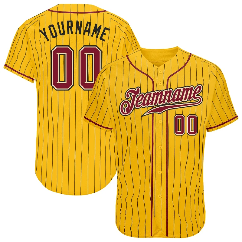 Baseball Jerseys With Player Customization Options-Custom Yellow Black Pinstripe Crimson-Cream Authentic Baseball Jersey