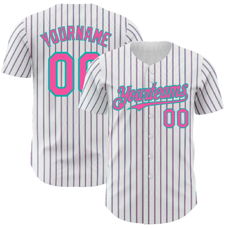 Baseball Jerseys With Custom Team Designs-Custom White (Aqua Pink Pinstripe) Pink-Aqua Authentic Baseball Jersey