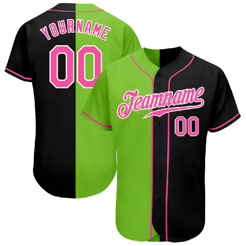 Personalized Baseball Jerseys For Special Celebrations-Custom Black Pink-Neon Green Authentic Split Fashion Baseball Jersey