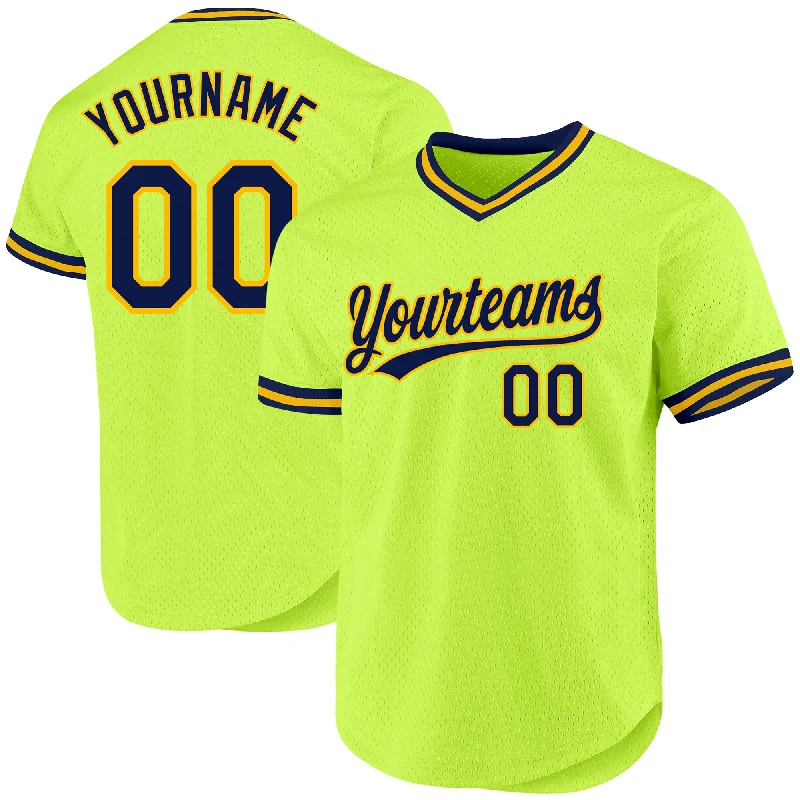 Custom Baseball Jerseys For Summer Leagues-Custom Neon Green Navy-Gold Authentic Throwback Baseball Jersey