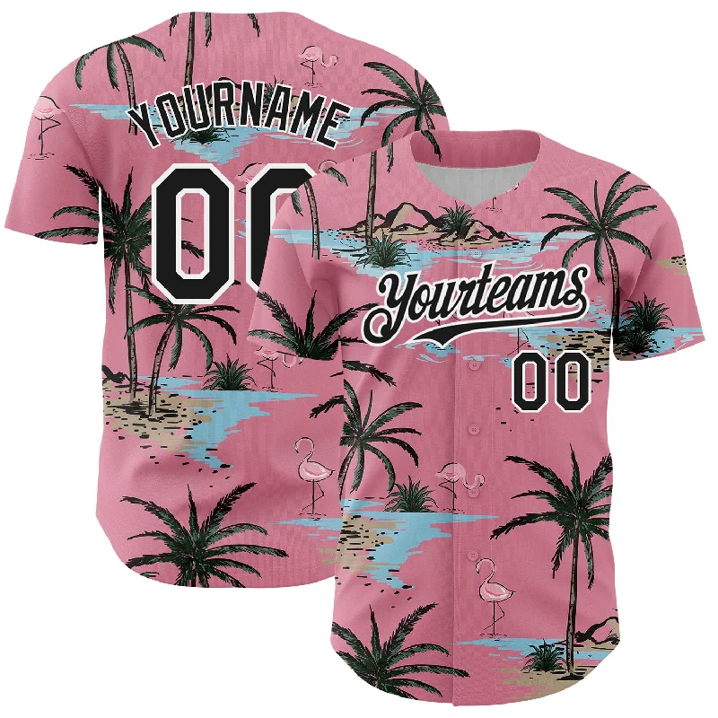 Custom Baseball Jerseys With Embroidered Names-Custom Medium Pink Black-White 3D Pattern Design Tropical Hawaii Palm Trees Authentic Baseball Jersey