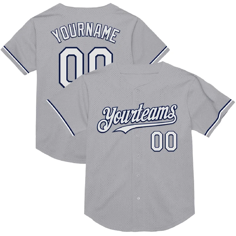 Custom Baseball Jerseys With Player Names-Custom Gray White-Navy Mesh Authentic Throwback Baseball Jersey