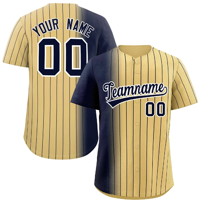 Personalized Baseball Jerseys For School Events-Custom Khaki Navy Pinstripe Personalized Gradient Authentic Baseball Jersey