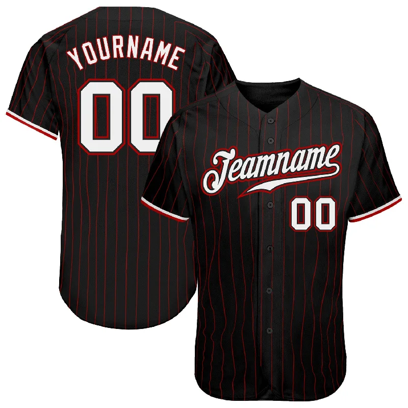 Baseball Jerseys With Custom Logos & Text-Custom Black Red Pinstripe White-Red Authentic Baseball Jersey