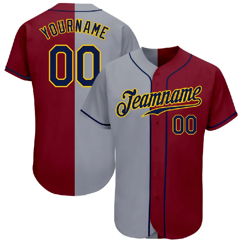 Personalized Baseball Jerseys For Player Participation-Custom Crimson Navy-Gray Authentic Split Fashion Baseball Jersey