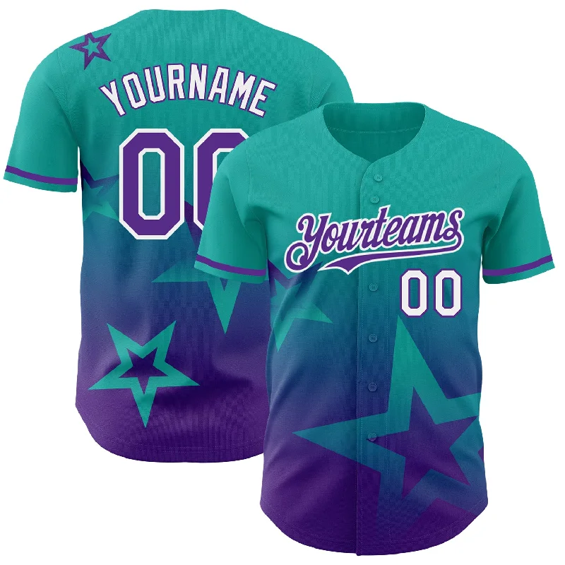 Personalized Baseball Jerseys For Group Customization-Custom Aqua Purple-White 3D Pattern Design Gradient Style Twinkle Star Authentic Baseball Jersey