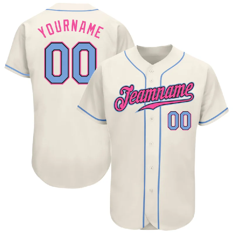 Custom Baseball Jerseys-Custom Cream Light Blue Black-Pink Authentic Baseball Jersey