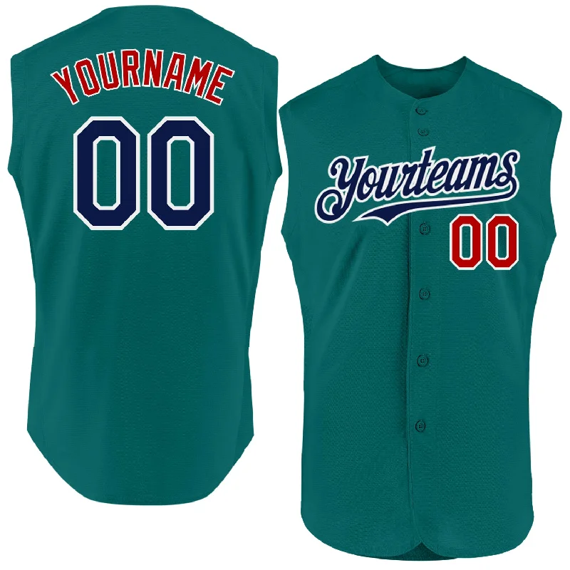 Custom Baseball Jerseys For Leagues-Custom Teal Navy-Red Authentic Sleeveless Baseball Jersey