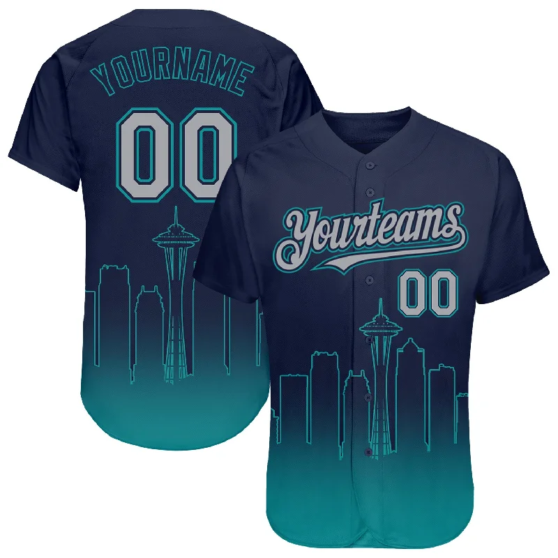 Custom Baseball Jerseys For VIP Events-Custom Navy Gray-Teal 3D Seattle City Edition Fade Fashion Authentic Baseball Jersey