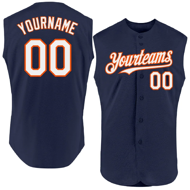 Custom Baseball Jerseys With Custom Sleeve Text-Custom Navy White-Orange Authentic Sleeveless Baseball Jersey