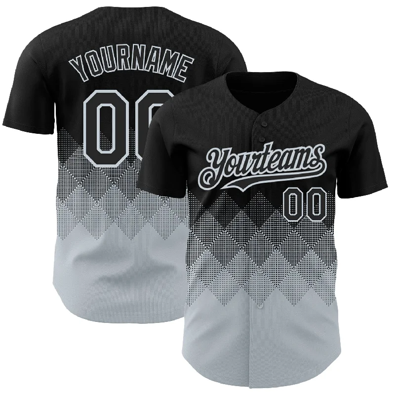 Personalized Baseball Jerseys For Regional Competitions-Custom Black Silver 3D Pattern Design Gradient Square Shapes Authentic Baseball Jersey