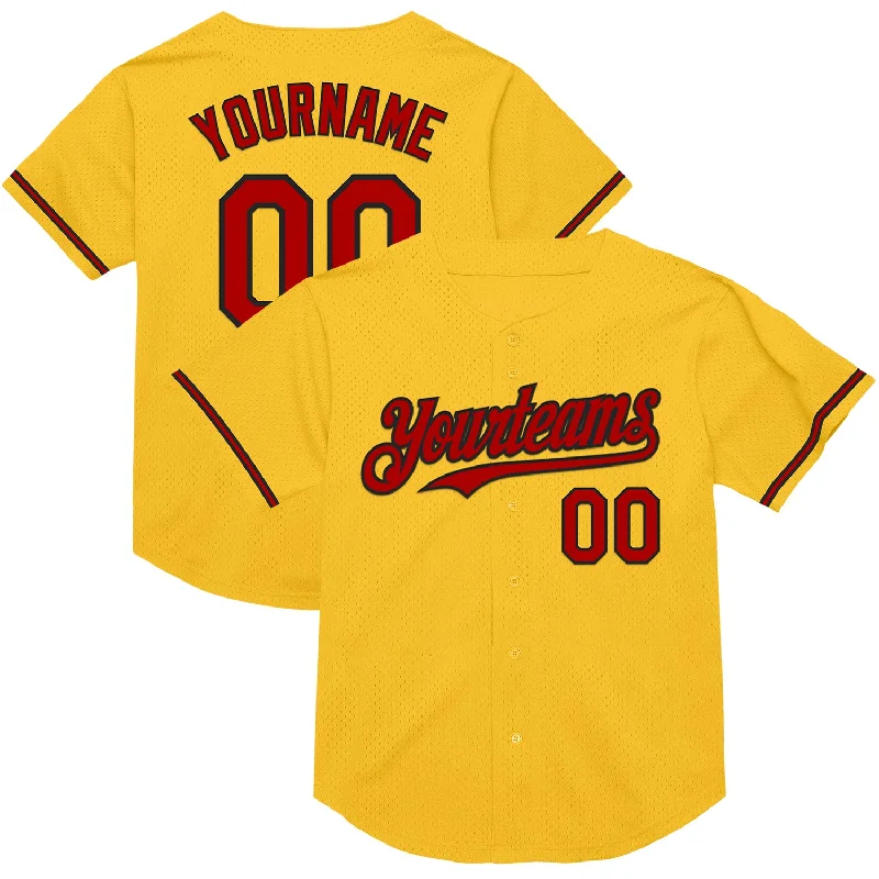 Personalized Baseball Jerseys For Tournaments-Custom Gold Red-Black Mesh Authentic Throwback Baseball Jersey