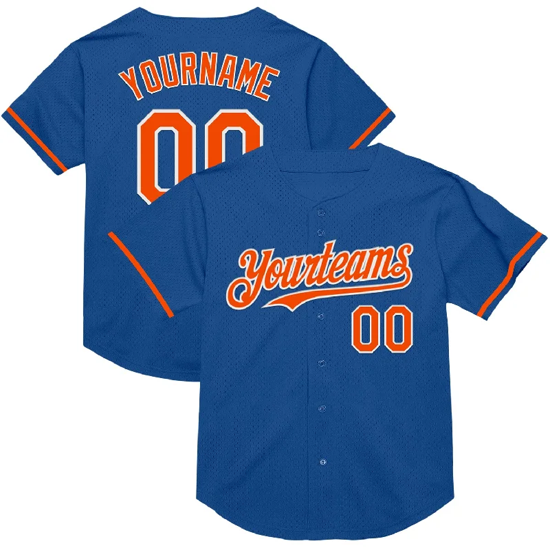 Personalized Baseball Jerseys For College Teams-Custom Blue Orange-White Mesh Authentic Throwback Baseball Jersey