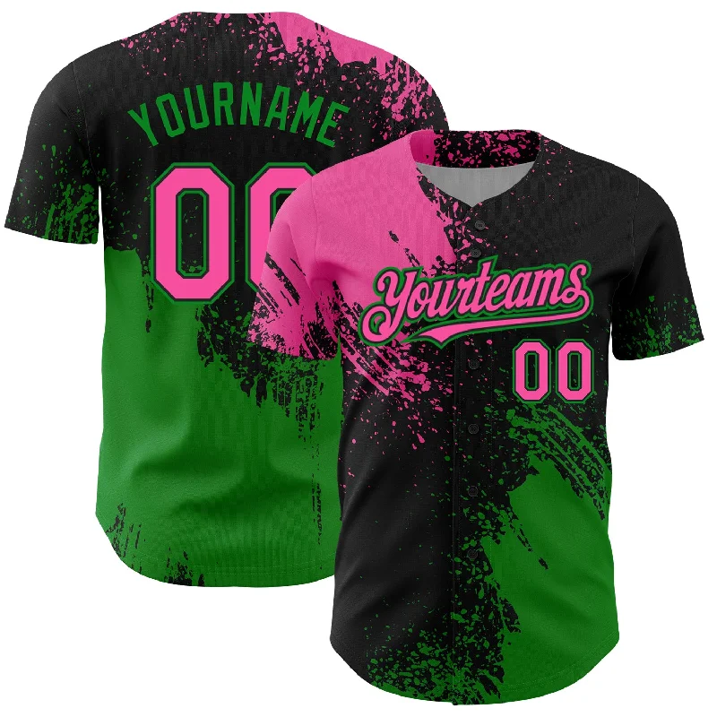 Baseball Jerseys For Custom Player Recognition-Custom Pink Black-Grass Green 3D Pattern Design Abstract Brush Stroke Authentic Baseball Jersey