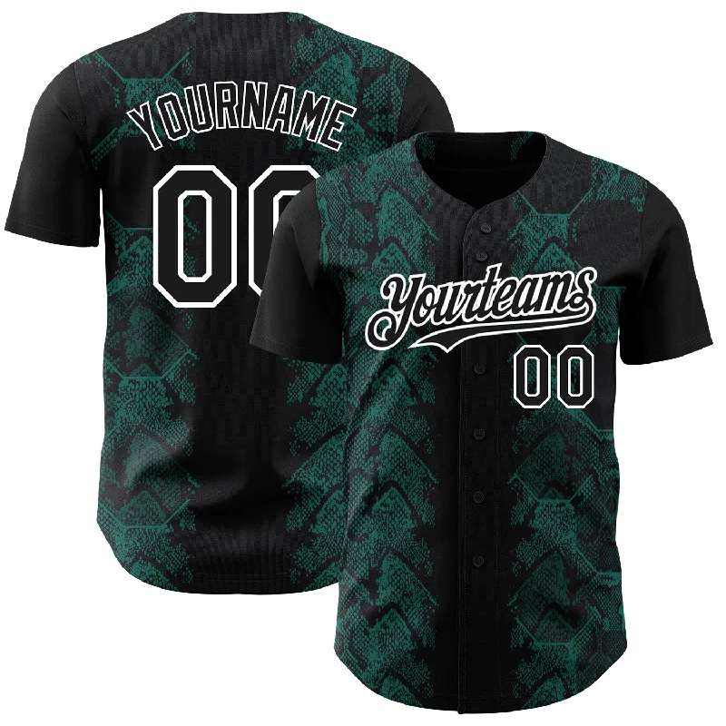 Custom Baseball Jerseys For Special Event Sponsorship-Custom Black Midnight Green-White 3D Pattern Design Animal Snake Authentic Baseball Jersey