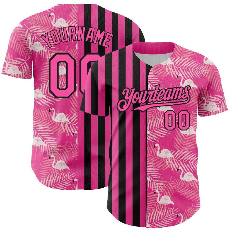 Custom Baseball Jerseys For Fundraising Events-Custom Pink Black 3D Pattern Design Tropical Palm Leaves And Famingo Authentic Baseball Jersey