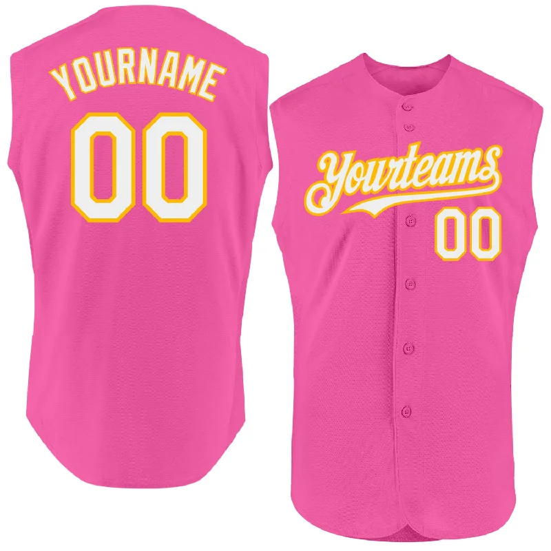 Custom Baseball Jerseys For Player Gifts-Custom Pink White-Gold Authentic Sleeveless Baseball Jersey