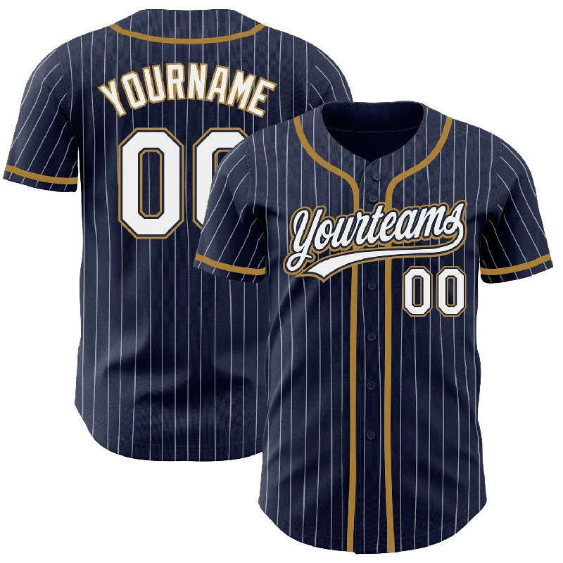 Baseball Jerseys With Custom Patch Designs-Custom Navy White Pinstripe White-Old Gold Authentic Baseball Jersey