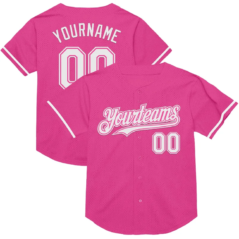 Baseball Jerseys With Custom Sleeve Designs-Custom Pink White Mesh Authentic Throwback Baseball Jersey