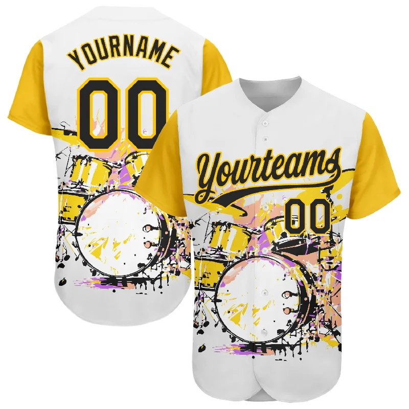 Custom Baseball Jerseys With Embroidered Names-Custom White Black-Yellow 3D Pattern Design Music Festival Abstract Drum Set In Splash Authentic Baseball Jersey