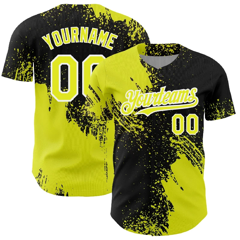 Baseball Jerseys For Fun League Competitions-Custom Neon Yellow Black-White 3D Pattern Design Abstract Brush Stroke Authentic Baseball Jersey