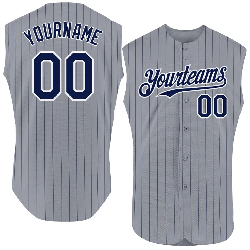 Personalized Baseball Jerseys For Schools-Custom Gray Navy Pinstripe White Authentic Sleeveless Baseball Jersey