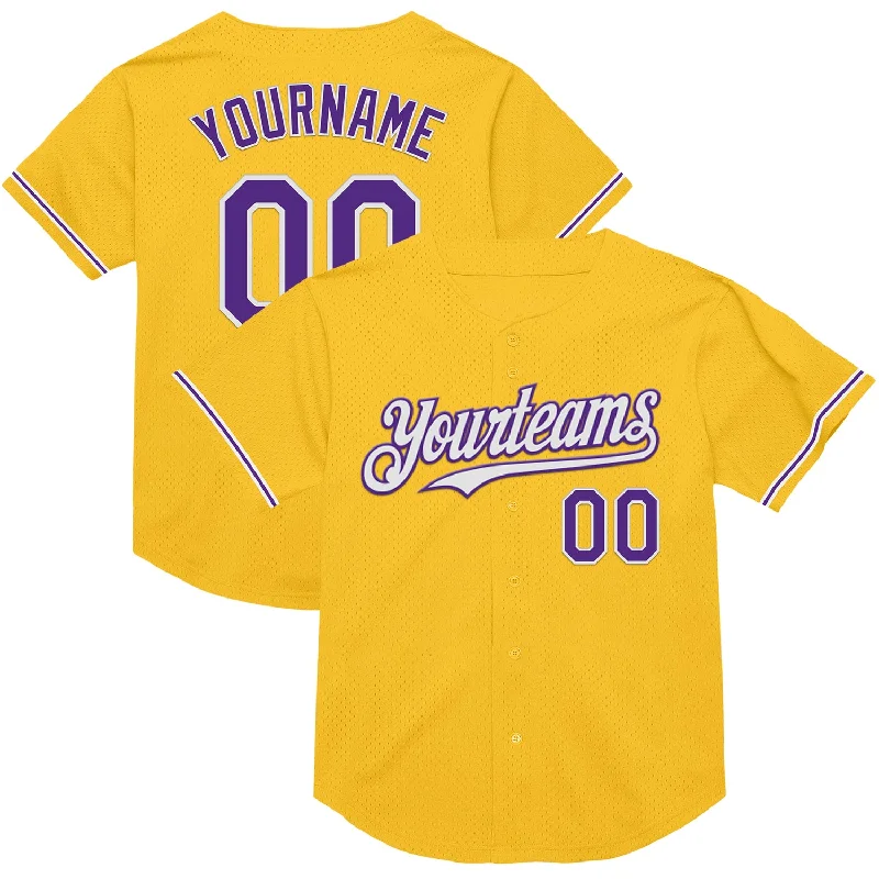 Custom Baseball Jerseys For Fans-Custom Gold Purple-White Mesh Authentic Throwback Baseball Jersey