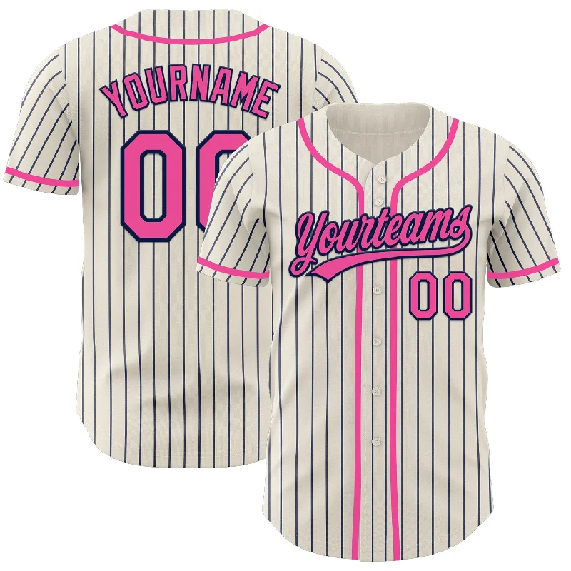 Baseball Jerseys For Special Team Events-Custom Cream Navy Pinstripe Pink Authentic Baseball Jersey