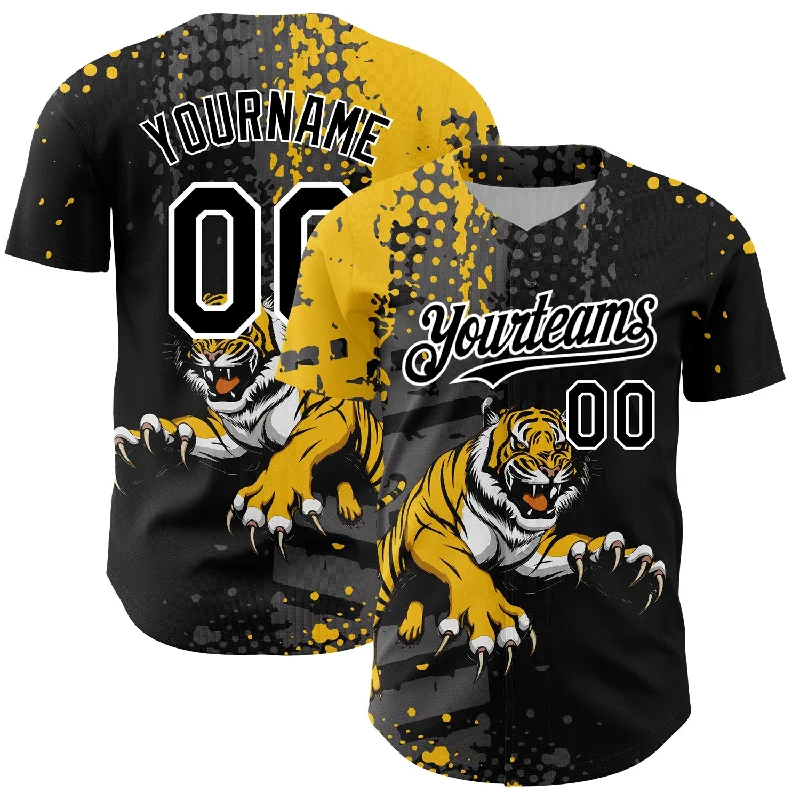 Baseball Jerseys With Custom Text-Custom Black Yellow-White 3D Pattern Design Animal Tiger Authentic Baseball Jersey