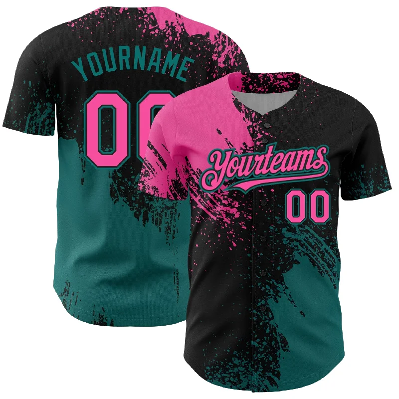 Baseball Jerseys For Youth Teams & Leagues-Custom Pink Black-Teal 3D Pattern Design Abstract Brush Stroke Authentic Baseball Jersey