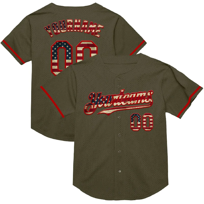 Personalized Baseball Jerseys For College Teams-Custom Olive Vintage USA Flag-Red Mesh Authentic Throwback Salute To Service Baseball Jersey